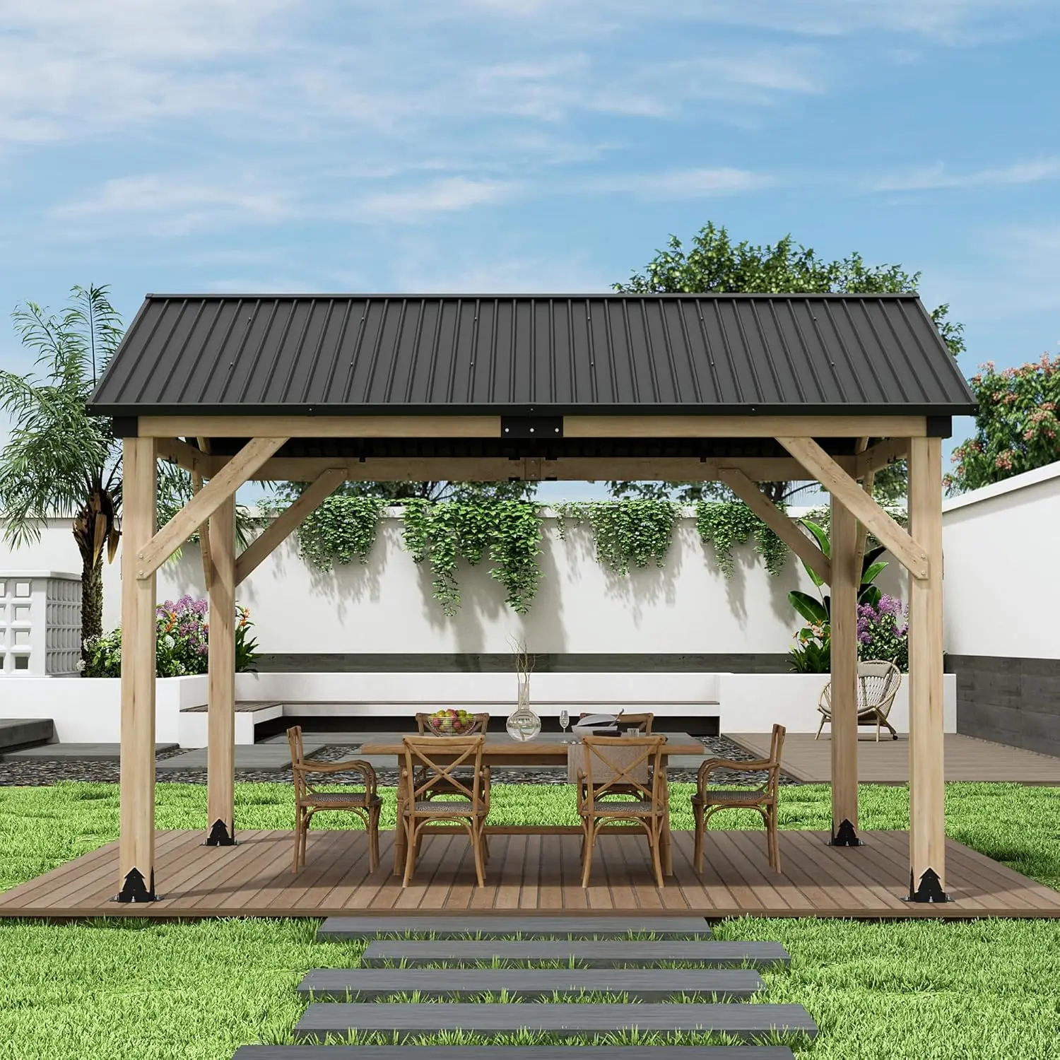 

10x12FT Outdoor Wooden Gazebo Cedar Solid Wood Galvanized Steel Roof Pavilion for Lawns Beach Patio Garden, Customized