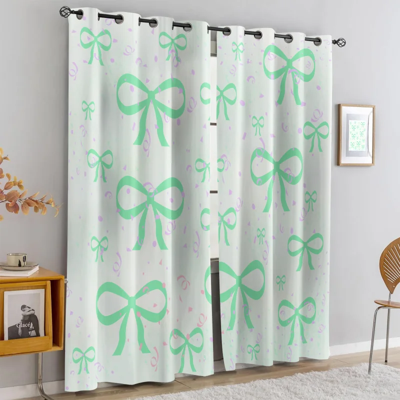 

2Pcs Mint Green Bow Confetti Print Perforated Blackout Curtains, Multi Size Living Room Girls Room Bedroom Insulation Decoration