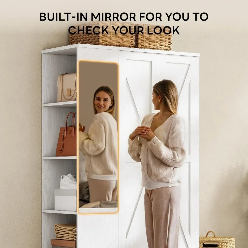 NEW-Armoire خزانة ملابس 70 بوصة، مساحة تخزين كبيرة مع مرآة، بابين، درج، أرفف، غرفة نوم حديثة خشبية قائمة بذاتها