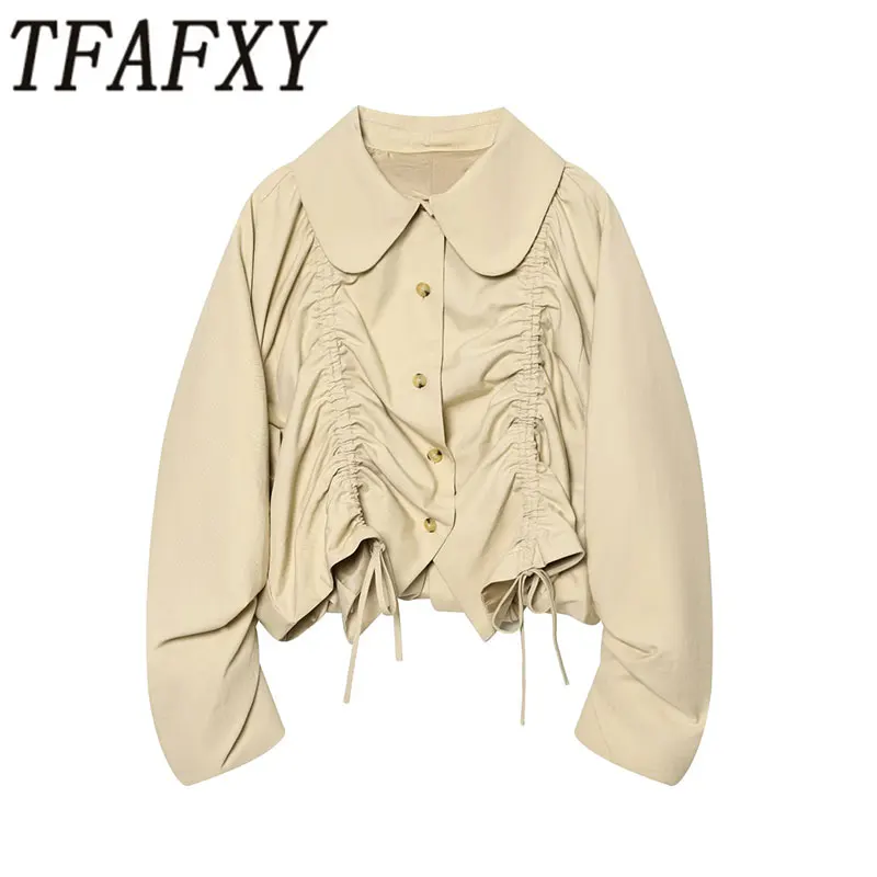 TFAFXY 2026 Frühling Damen Lässige Schicke Bomberjacke Einfarbig Einreihig Langarm-Mantel Neue Mode Plissierter Windbreaker
