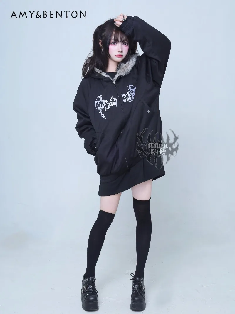 التصميم الأصلي Harajuku نمط القوطية المطرزة الفراء طوق مقنعين سترة قطن ثقافة فرعية داكنة سميكة المتضخم معطف للنساء #4
