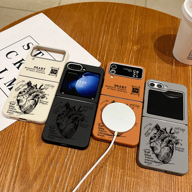 รูปแบบหัวใจแม่เหล็กสําหรับSamsung Galaxy Z Flip 6 5 4 3 5GหนังTPUนุ่มพับสําหรับSamsung Z Flip4 Flip5