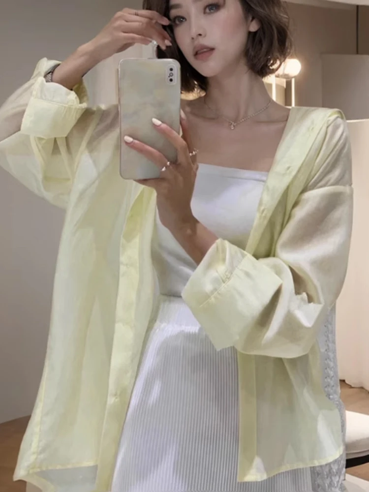 Printemps soie lâche femmes irt Protection solaire col Long Sve Polyester Fiber 2024 nouveau Sle trajet Sle couleur Pure