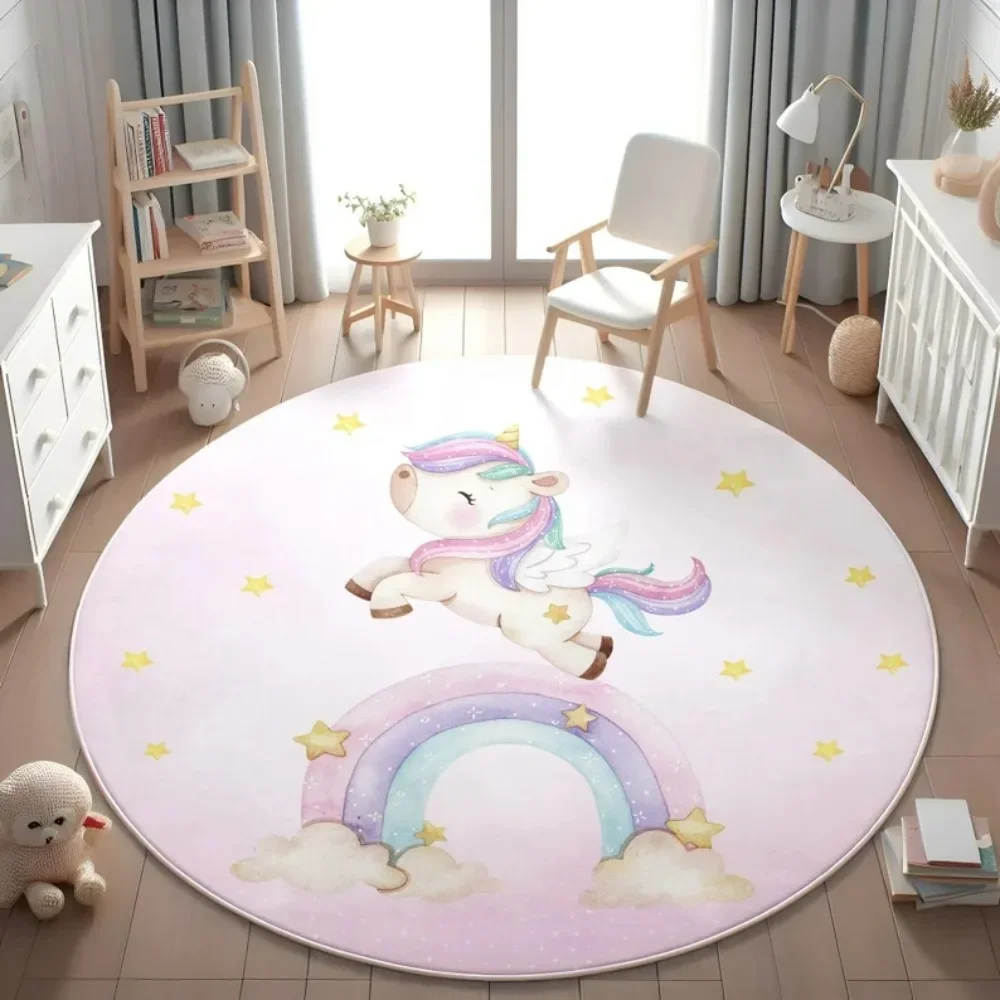 Kinderspielmatte, verzaubertes Einhorn, floraler runder Teppich für Heimdekoration, magischer Regenbogen, verspielte Bodenmatte für Kinderzimmer, Schlafzimmerdekoration