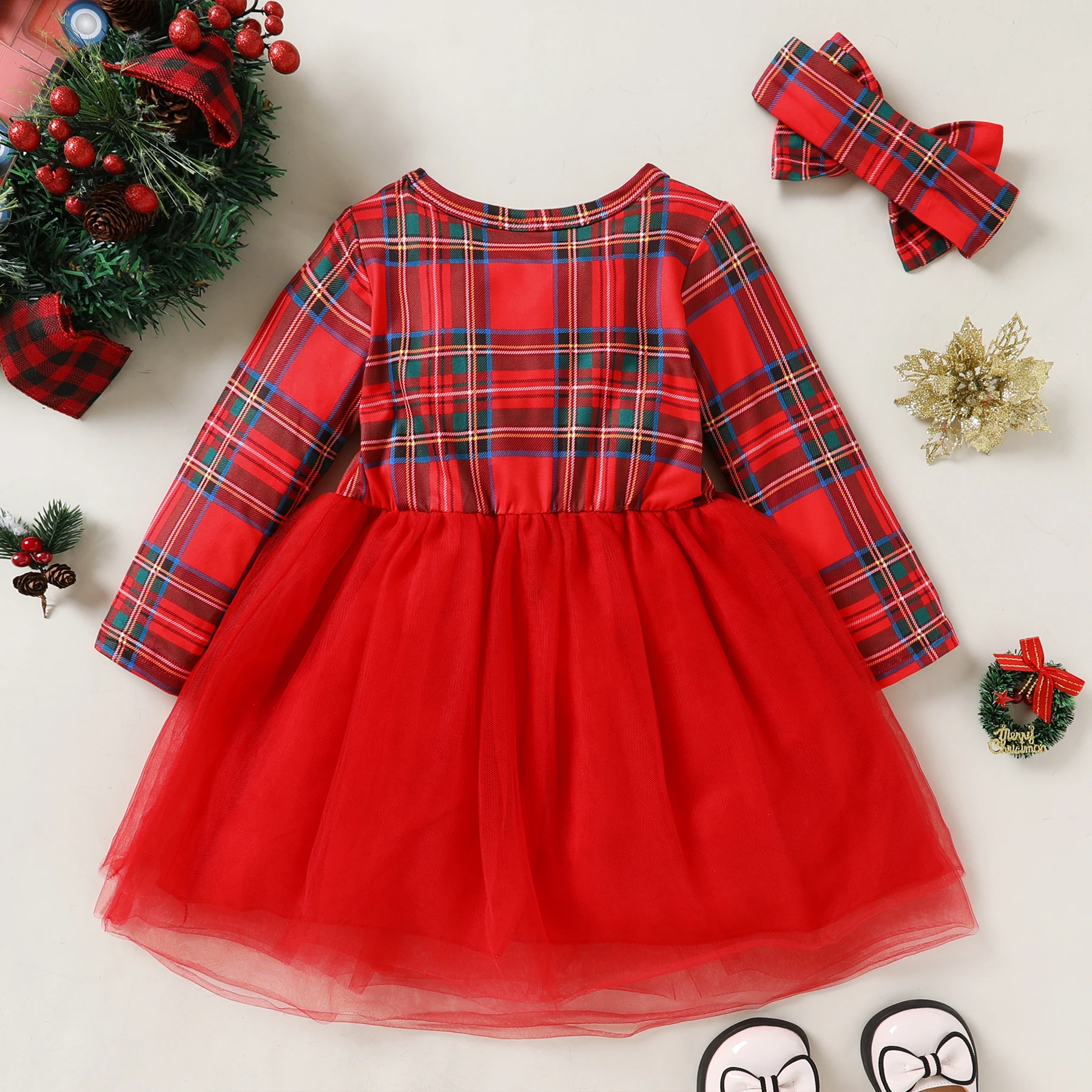 Baby Girl Clothes 6M-5T Fall/Winter Christmas Dress Striped Long Sleeve Santa Printed Tulle Dress 2PC Girl Christmas Outfit