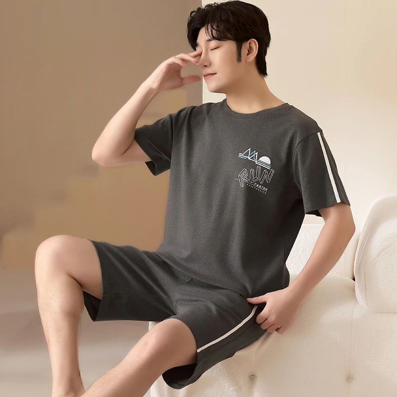 Summer 100%Cotton Men Pajamas Set Short Sleeve Round Neck Mens Nightwear Sleepwear Casual Soft Male Homewear Clothes