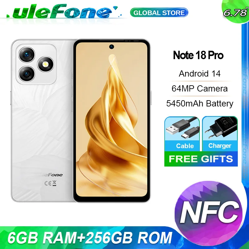 Ulefone Note 18 Pro, 6ГБ+256ГБ, 5450 мАч,MediaTek Helio G91,NFC, 6,78 Ulefone Note 18 Pro, 6ГБ+256ГБ, 5450 мАч,MediaTek Helio G91,NFC, 6,78