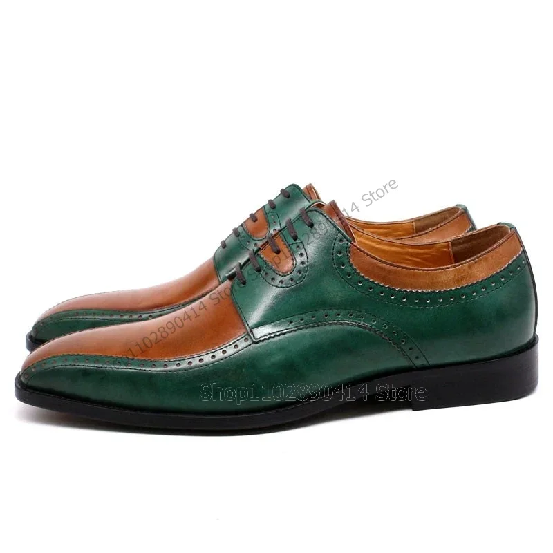 

Green Brown Carving Design Square Toe Men Shoes Fashion Lace Up Male Shoes Luxury Handmade Party Feast Banquet Men Dress Shoes