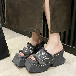 2024 New Goth Platform Sandals For Women Denim Butterfly Fashion Metal Design Fashion Rivet Slip On Punk Sandal Shoes Summer