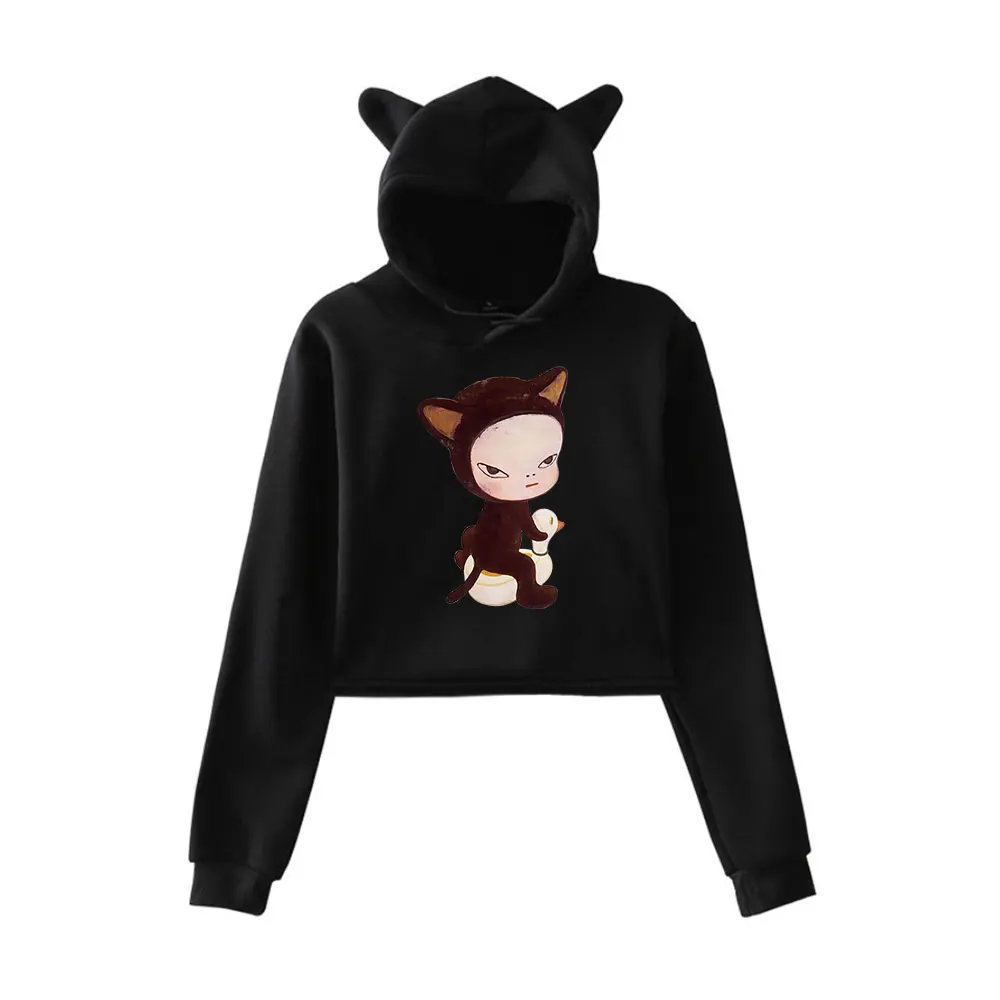 Yoshitomo Nara Cat Ride Duck Hoodie Vintage 90s Streetwear Hoodie Merch Hoodies Sweatshirts for Girls Cat Ear Crop Fashion 