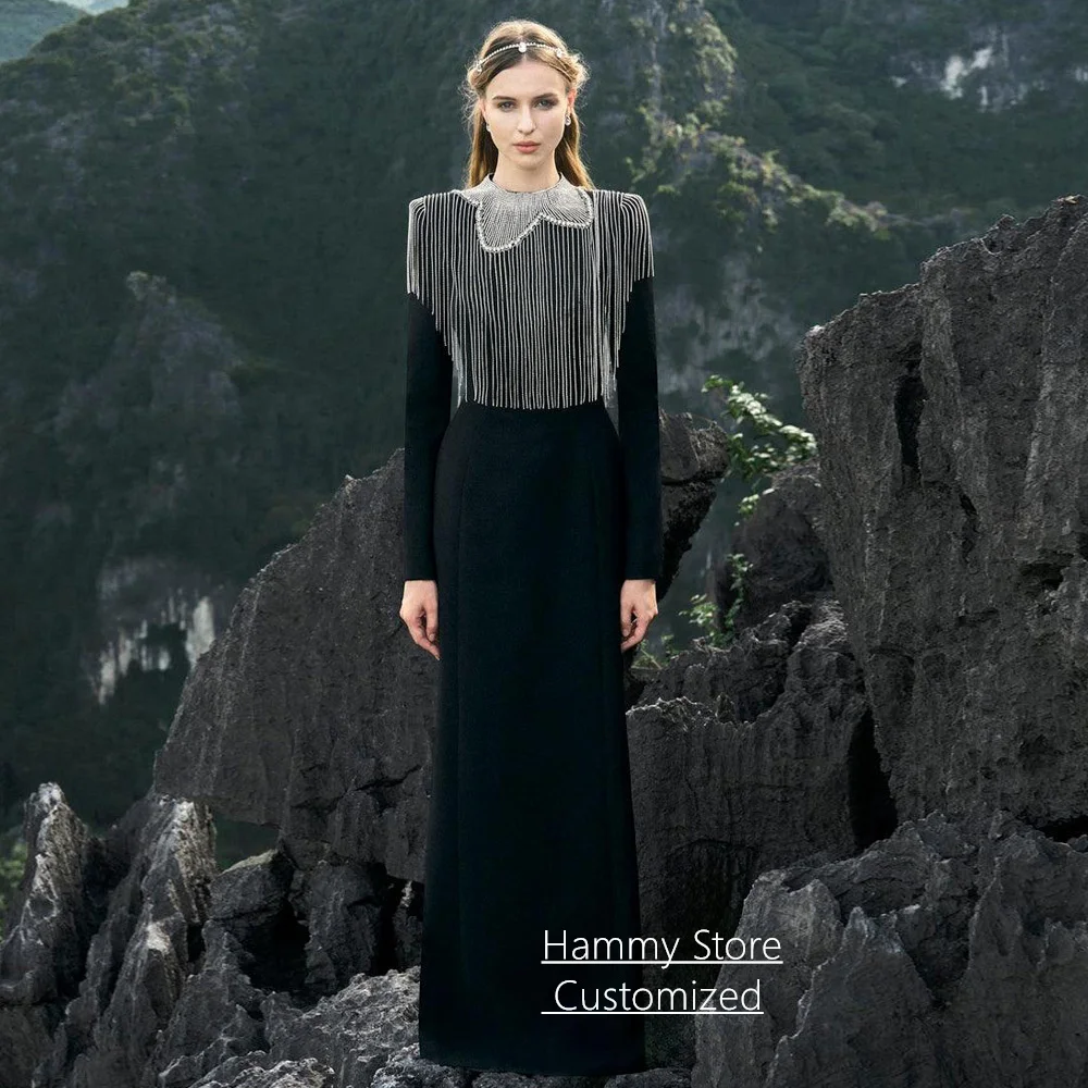 

Customized Saudi Evening Dress Modern Round Neck Full Sleeves Beading Straight Back Slit Prom Gown Arabian Party Dresses