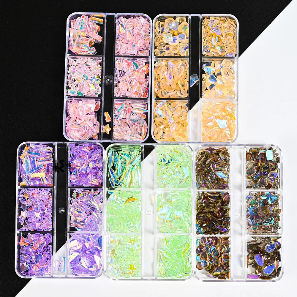 

400Pcs/Box Crystal Nail Art Rhinestone Aurora Irregular Flat-back Diamond Stone Jewelry Charms 6Grids Mixed Shape DIY Nail Parts