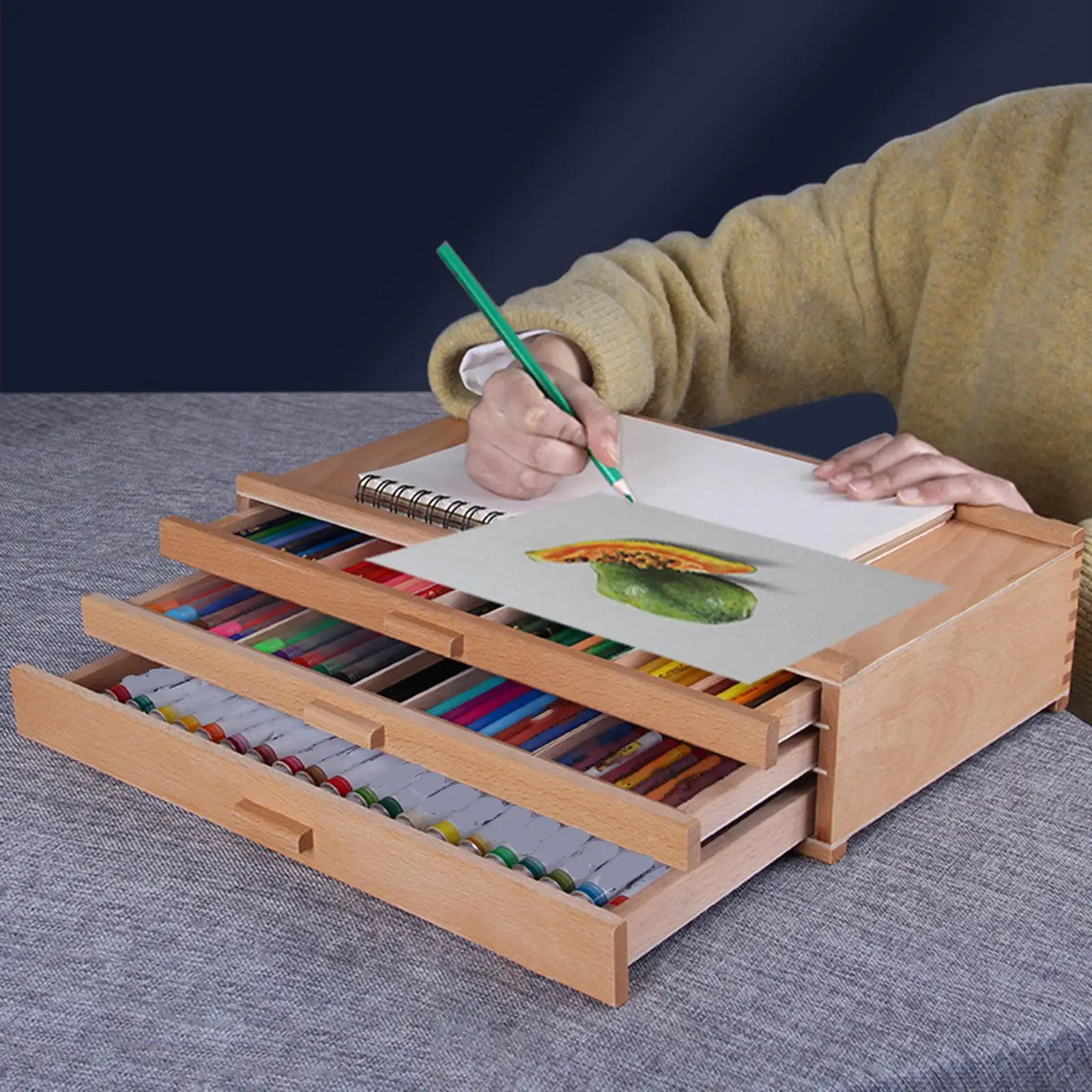 

Wooden Artist Storage Supply Box Portable Storage Box 3 Drawers Storage