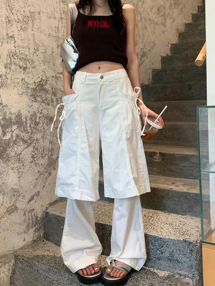 

2026 Punk Y2K Style White Spliced Tierred Baggy Stacked Cargo Jeans Pants For Women Clothing Wide Leg Gothic Lady Long Trousers