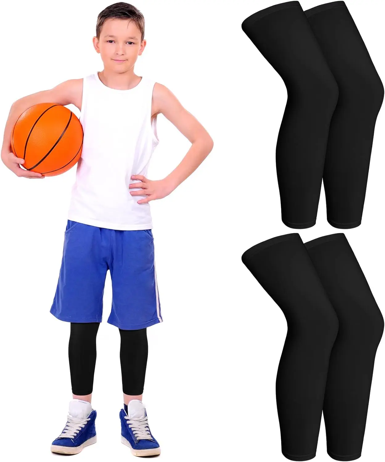 Kids Long Compression Leg Sleeves Non Slip UV Protection Thigh Calf for Boy Girl Youth  Basketball Running Sport 2Pairs