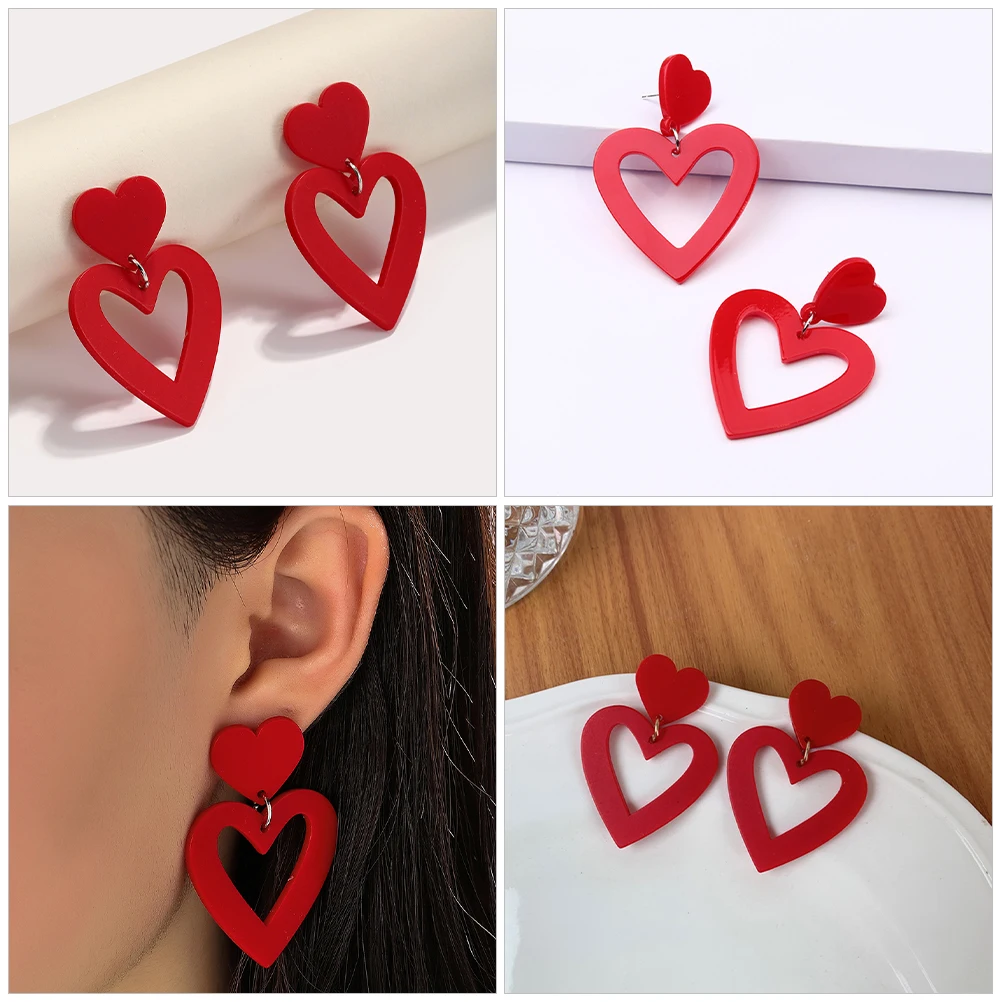 

Heart Shaped Acrylic Dangle Earrings for Women Red Color Valentine Day Fashion Love Heart Hollow Ear Drop Jewelry