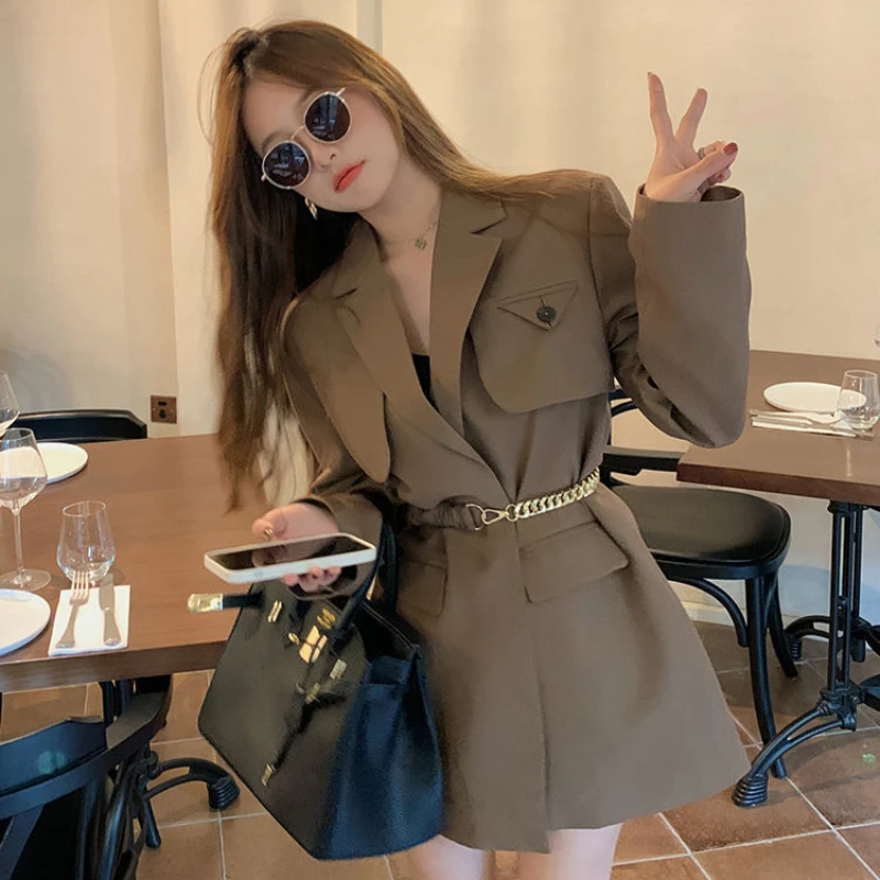 

Insozkdg 2024 Spring Autumn New Women's Suit Korean Chic Coffee Color Mid-length Suit Jacket High-end Tops Blazer Women Clothing