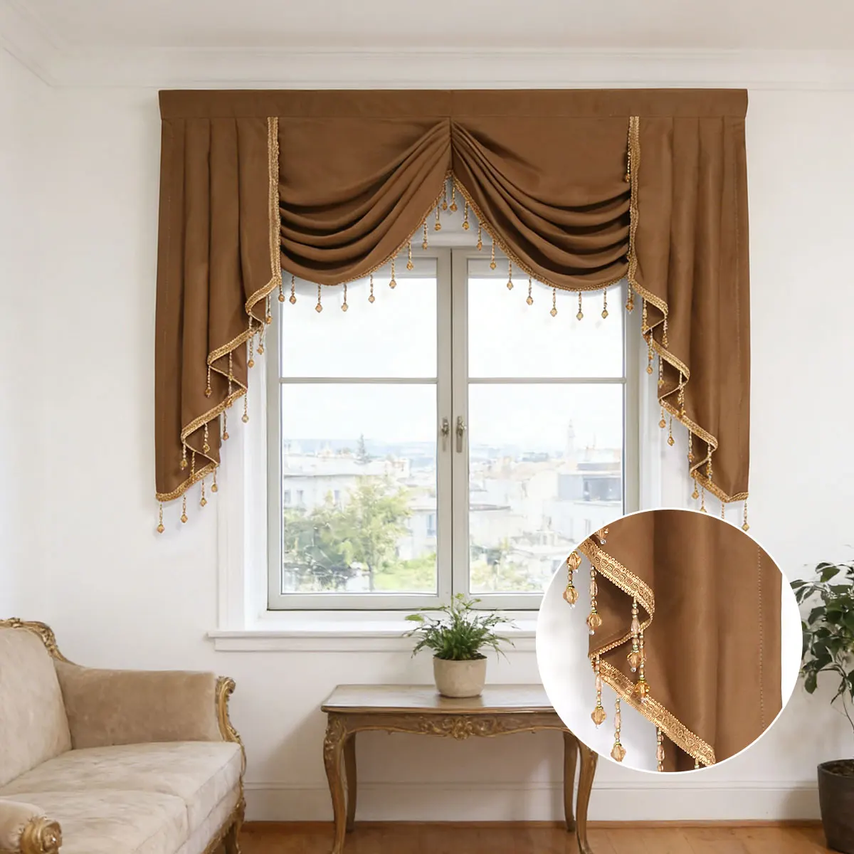 

1Pc Vintage European Swag Valance, Soft Velvet Fabric with Gold Lace Trim & Beaded Tassels