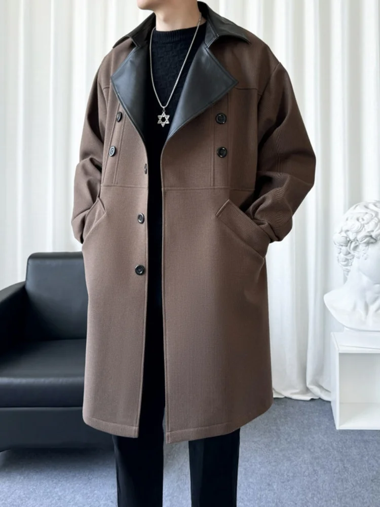 

Мужское длинное пальто-ветровка на осень-зиму, шерстяное, в британском стиле, повседневное, с отложным воротником, на одной пуговице, однотонное