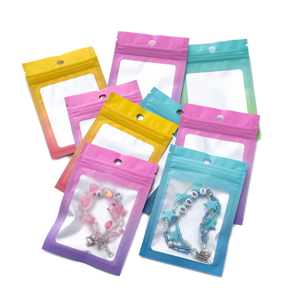 50pcs 7x10/8x12/10x15cm Gradient Color Pouch Transparent Window Bags for DIY Jewelry Display Packaging Supplies Small Businesses