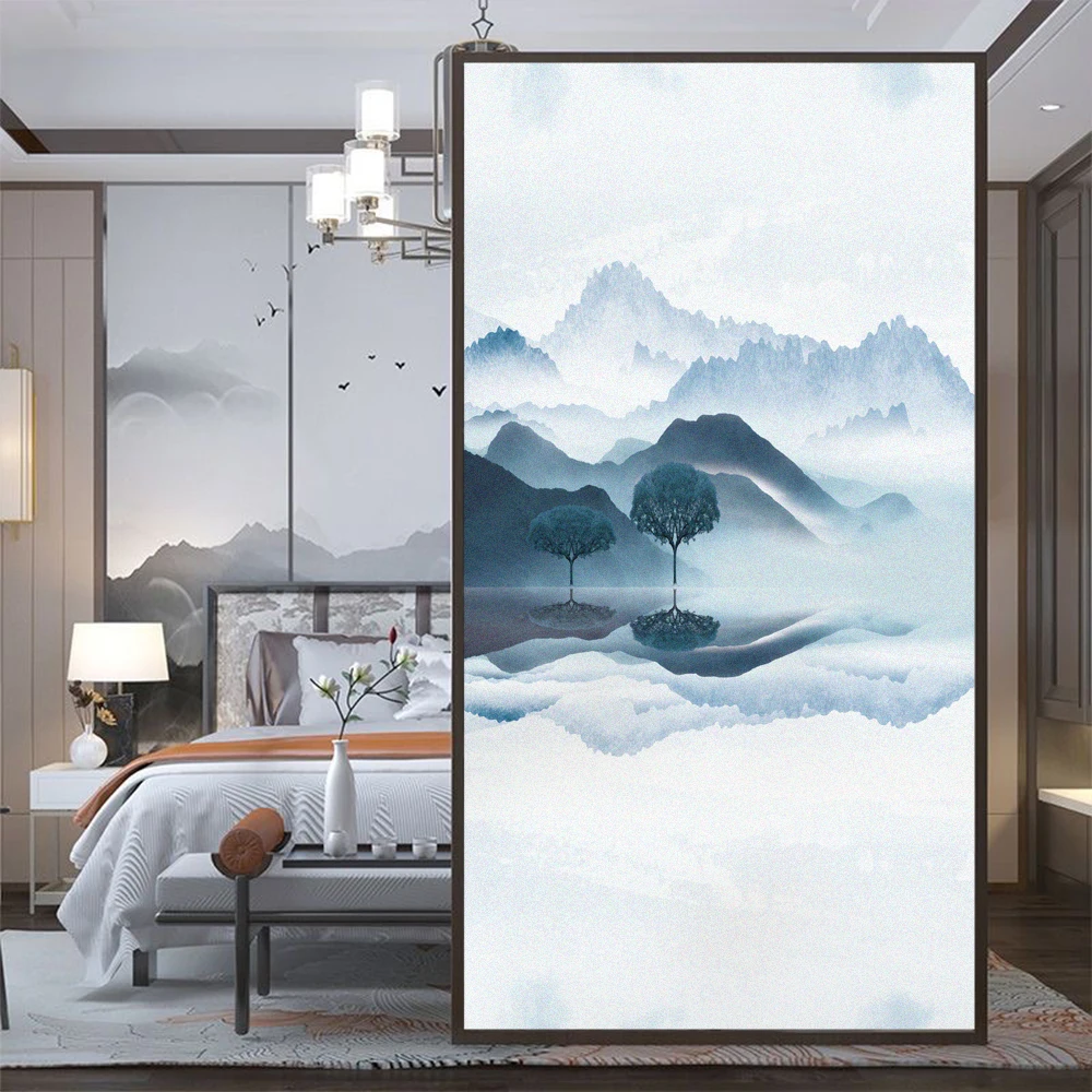 Ink landscape Pattern Frosted Privacy Glass Window Stained Film Sun Blocking Anti UV Glue-Free Static Glass Door Decoration Film