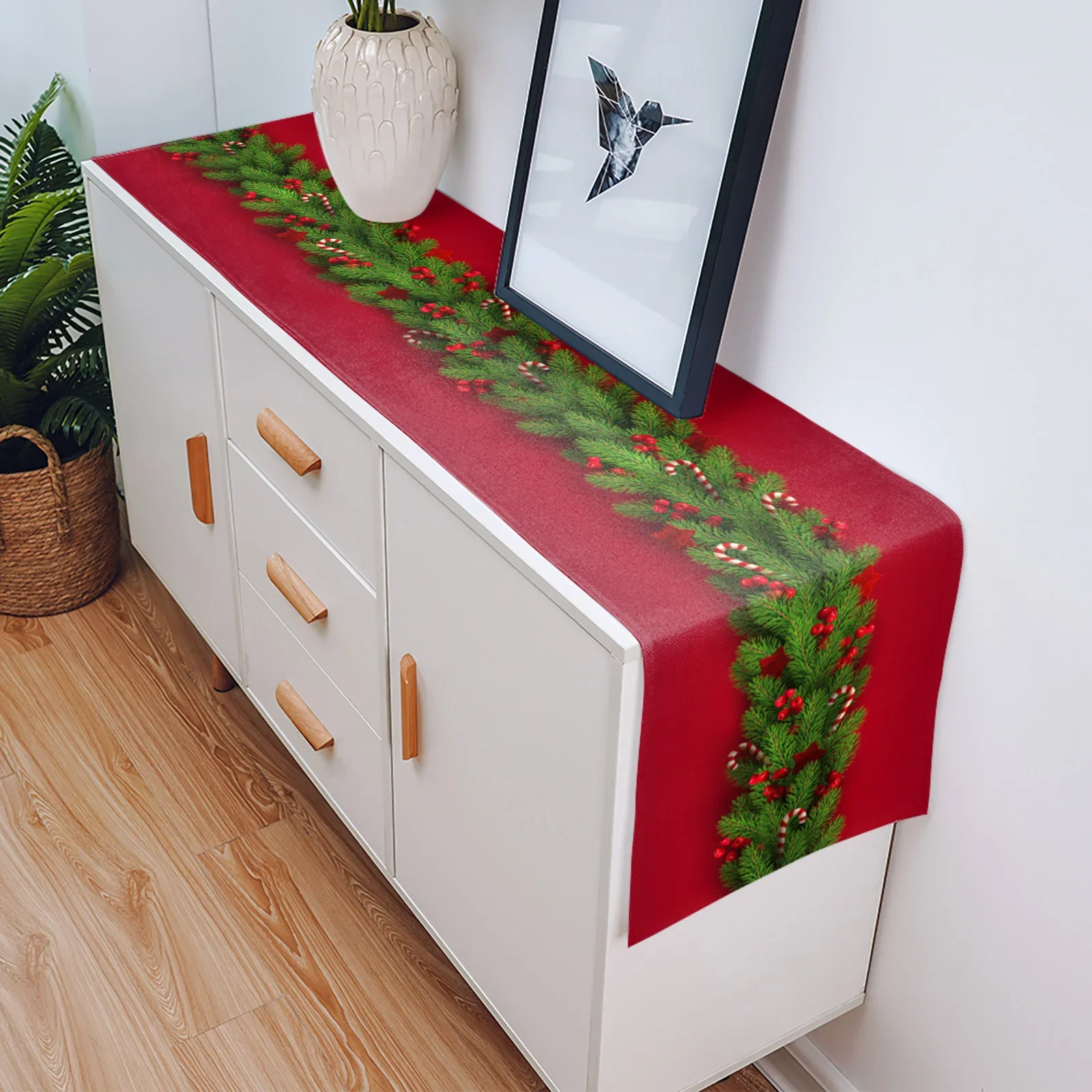 Christmas Tree Pine Needles Candy Bow Table Runner Wedding Decor Linen   for Dining  Party  Decoration