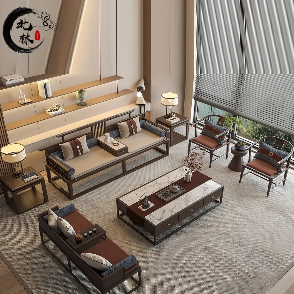 YFY New Chinese-style solid wood sofa combination Zen living room Modern villa model room Hotel reception area sofa