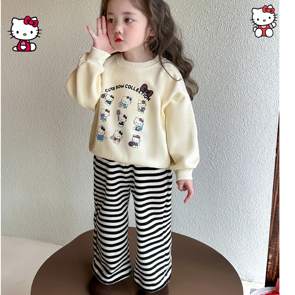 

2 шт., детский осенний комплект в полоску с рисунком Hellokitty для девочек, стильный комфортный милый комплект одежды в стиле аниме Sanrio, милые комплекты модной одежды