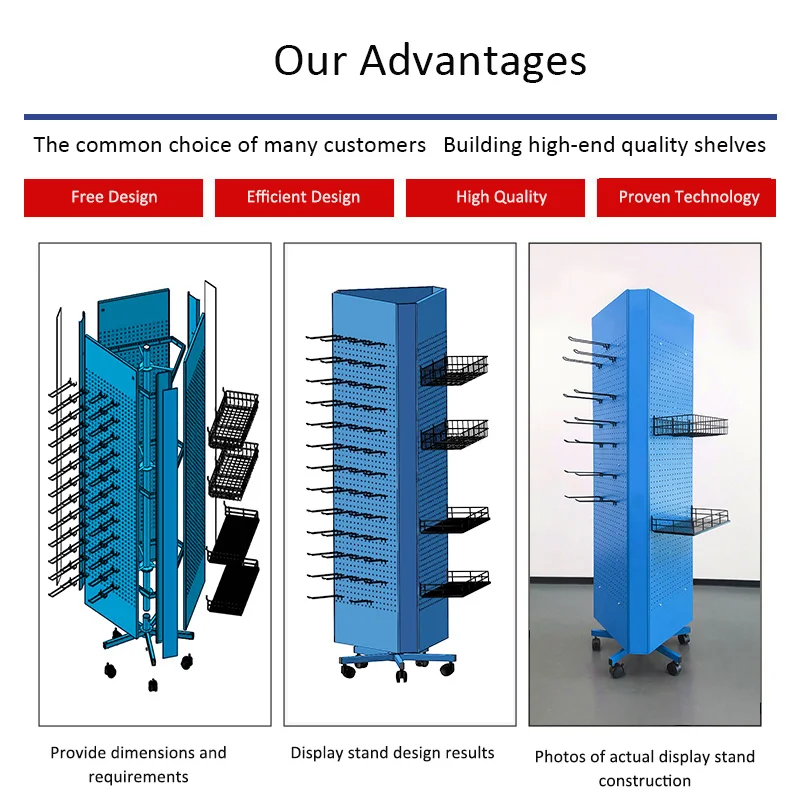 custom.OEM ODM Custom Size Color Metal Display Stand Display Exhibition Shelves Rotating Display Racks Design
