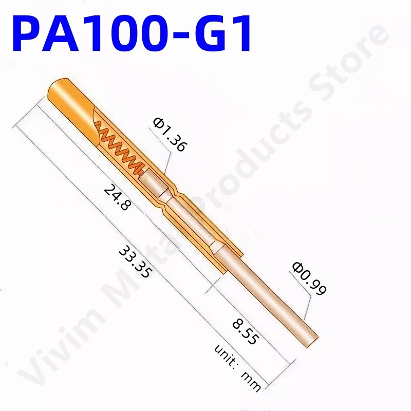 20/100PCS PA100-G1 Spring Test Probe PA100-G Test Pin P100-G P100-G1 Test Tool 33.35mm 1.36mm Needle Gold Tip 0.99mm Pogo Pin