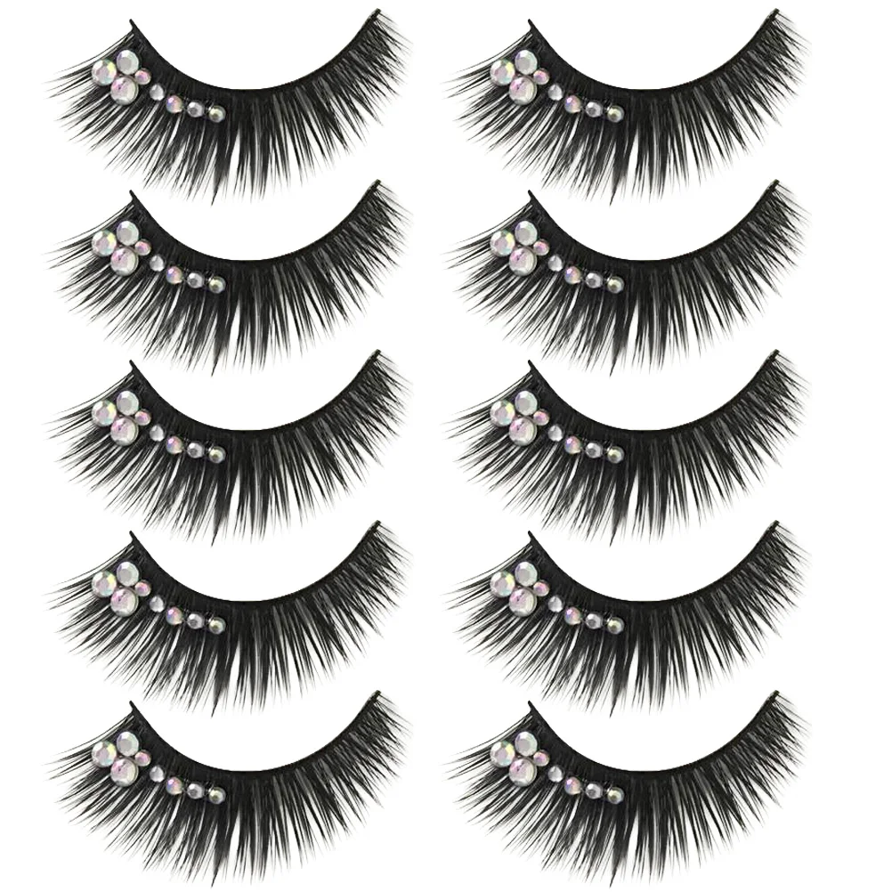 

5 Pairs False Eyelashes Exaggerated Fiber Colored Rhinestone for Stage Party Club Daily Life Thick LookSexy