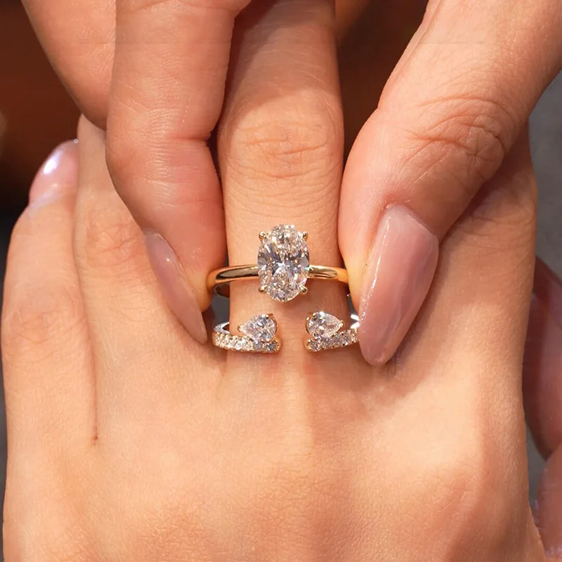 

4*6mm Pear Cut D Moissanite Rings for Women Girls Trendy Adjustable 2 Gems Lab Diamond Wedding Jewelry 925 Sterling Silver Band