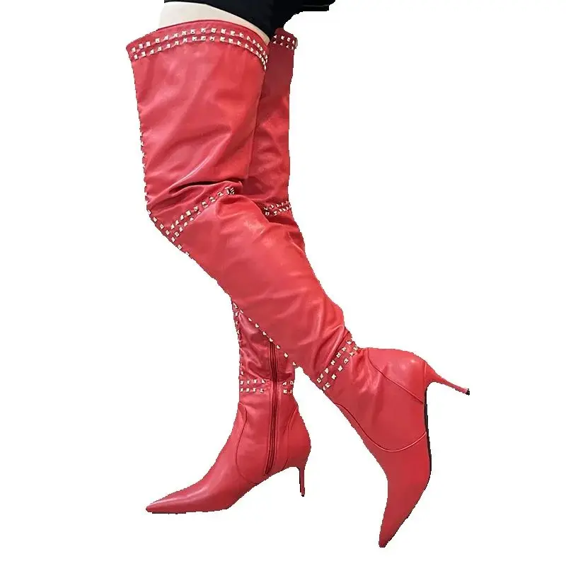 Ronticool Italian Style Women Winter Thigh Boots Studded Sexy Stiletto Heels Pointed Toe Red Banquet Shoes Ladies Us Size 5-15