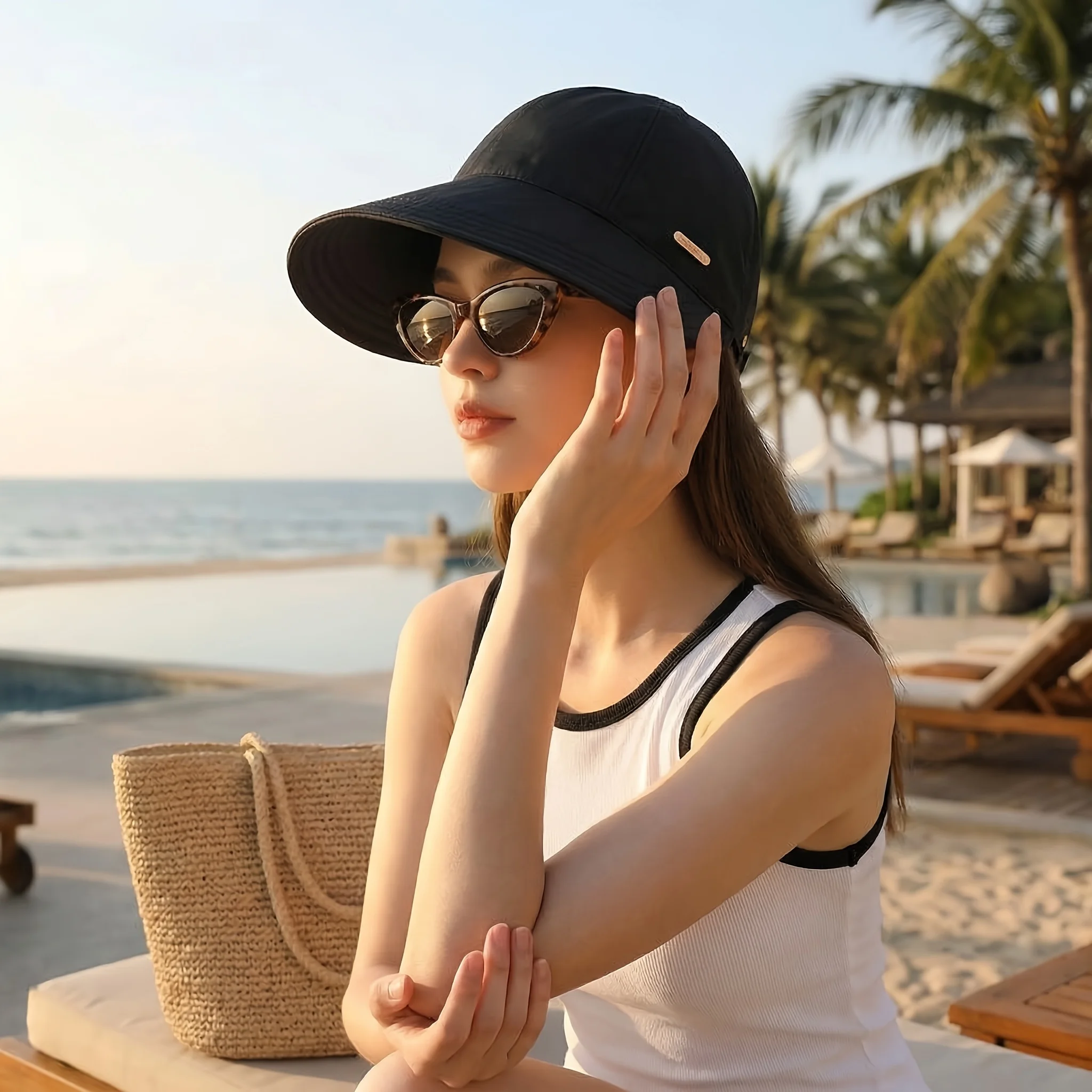 1 Women's Large Brimmed Sun Hat, Adjustable Folding Outdoor Sun Hat, Waterproof Quick Drying Fabric, Suitable for Travel