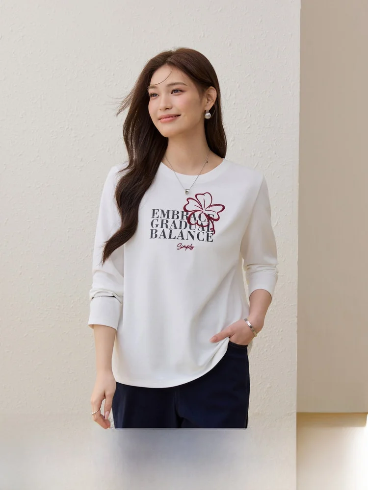 

Slimming Long Sleeve T-Shirt Casual round Neck Versatile plus Size Women's Spring New Style Comfortable Cotton Polyester Blend