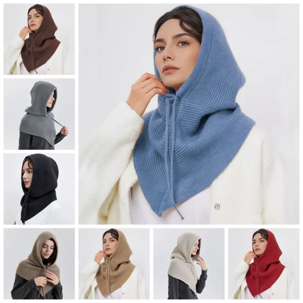 

Модная однотонная шапка-балаклава, утолщенная теплая вязаная шапка с капюшоном, шапка-пуловер, шапка с защитой ушей, шапка для женщин/девочек