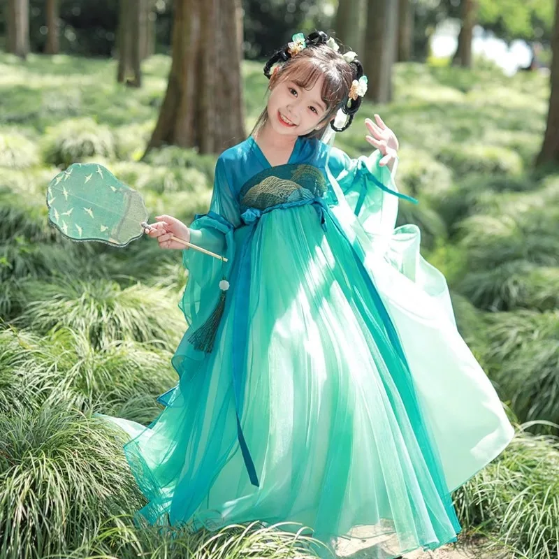 Chest-length Hanfu for girls, turquoise super fairy children's Tang costume performance clothes