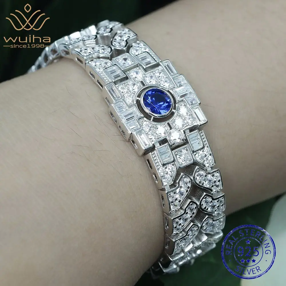 

WUIHA Vintage 925 Sterling Silver Lab Sapphire High Carbon Diamonds Gemstones Bracelet Bangle Cocktail Fine Jewelry Wholesale