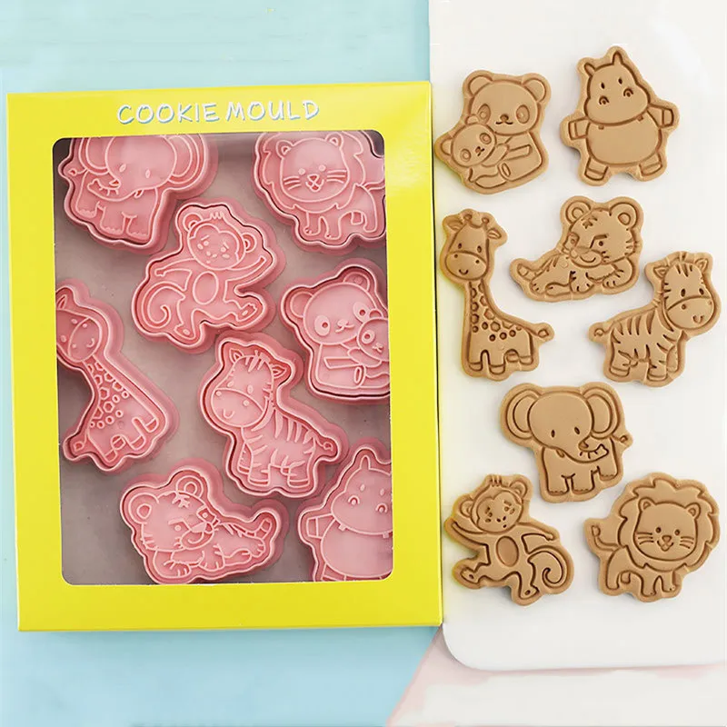 8Pcs/Set Cartoon Animal Biscuit Mold Panda Giraffe Lion Tiger Elephant Shape Cookie Cutter Stamp Fondant Cake Decoration Tools