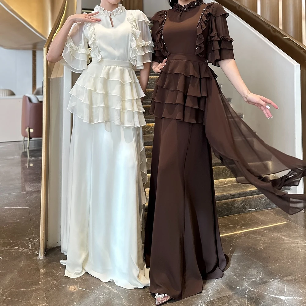 

Customized A-line Evening Dresses Floor-length High-neck Full Sleeve Prom Gown Fashion Crystal Tiered Draped Casual Party Gown