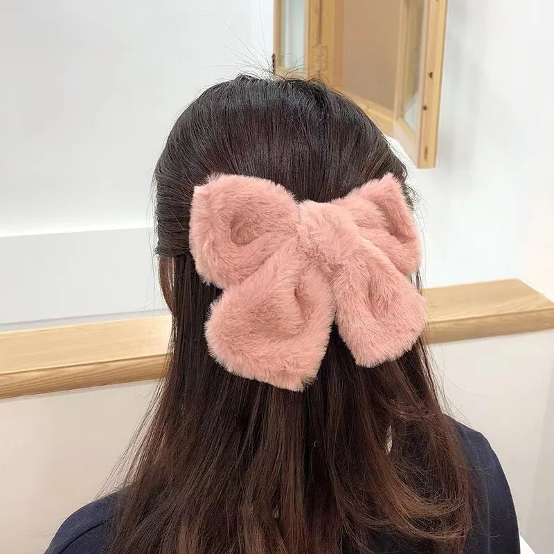 AISHG Winter Cute Plush Bowknot Hairpin Women Korean Simple Solid Color Bow Hair Clips Large Barrette for Girls Hair Accessories