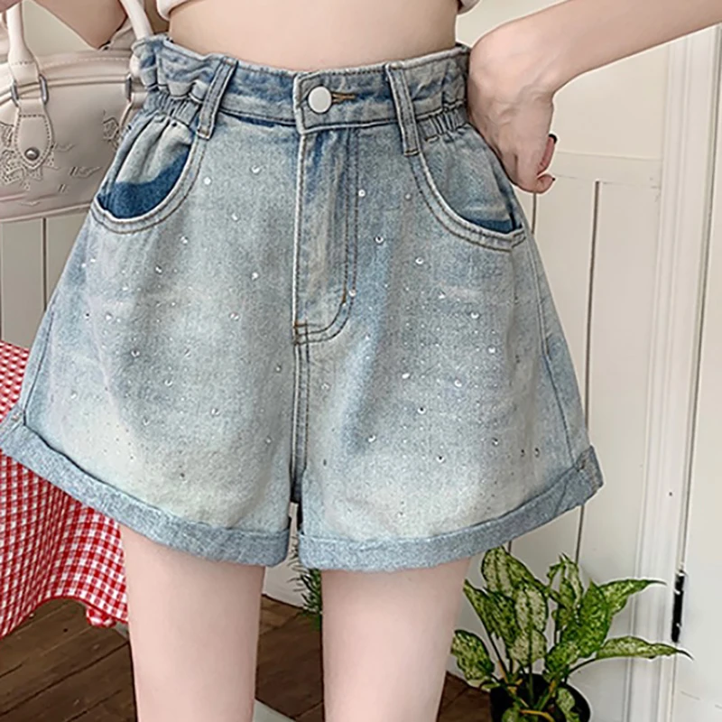 

Summer Loose Diamond Setting Denim Shorts Women High Waist A-line Wide Leg Short Jeans Casual All-matched Ladies Shorts