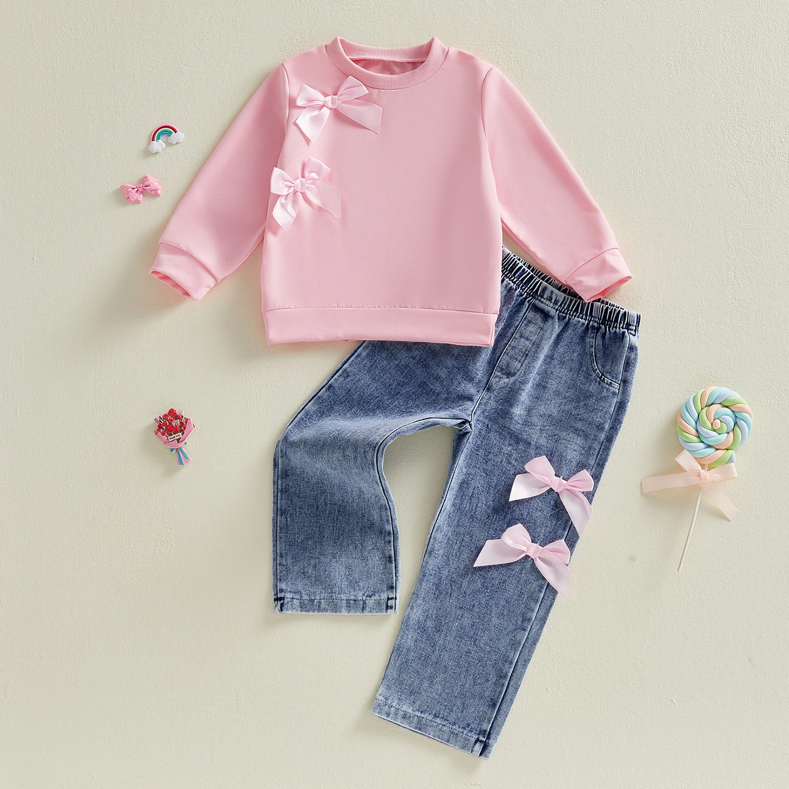 1-4Y Sweet Toddler Girls 2 Piece Outfits Cute Bow Decorated Long Sleeve Crew Neck t Shirt Tops Elastic Waist Jeans Clothing Set