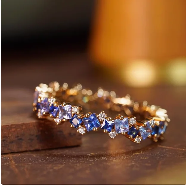 English:​ Starry Sky Princess Cut Sapphire Eternity Band - Full Pavé Diamond Ring, Trendy French Inspired Luxury Jewelry