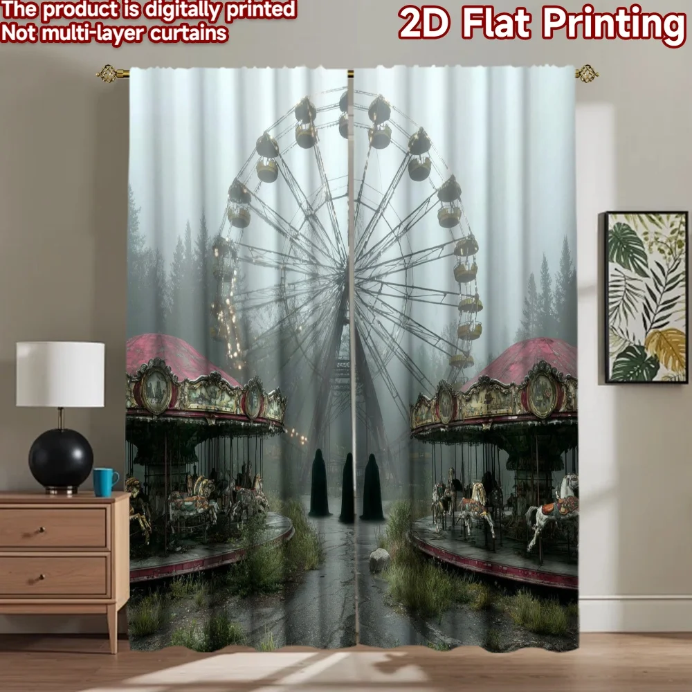 2D flat printing 2pcs Curtain Creepy Abandoned Carnival Ferris Wheel Digital Printed Polyester Drapes Family Party Use for