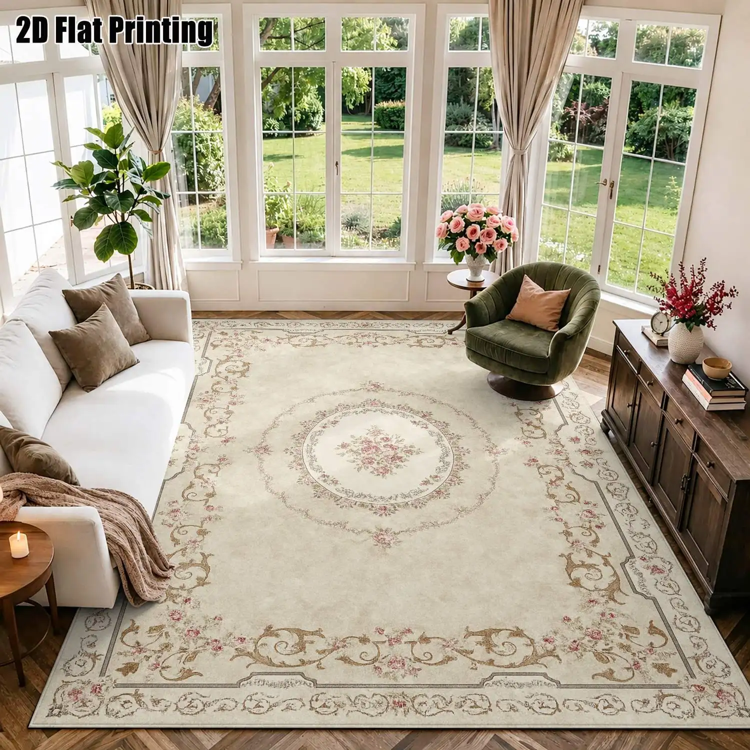 1Pc 2D Printed Carpet: Beige Base with Pink Flowers, European/Retro/Geometric/Floral Style, Machine Washable, Multi-Size, Ideal for Home Decor Such as Entryway/Dining Room/Foyer/Bedroom/Living Room Rugs