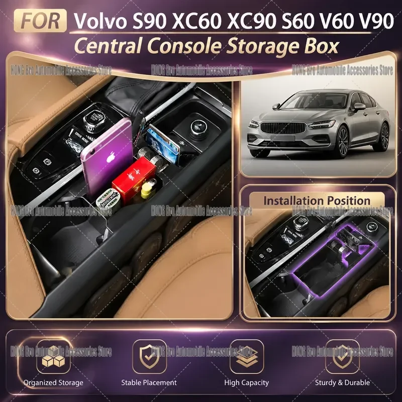 For Volvo S90 XC60 XC90 S60 V60 V90 2015-2024 Center Console Armrest Storage Box Organizer Tray Interior Accessories