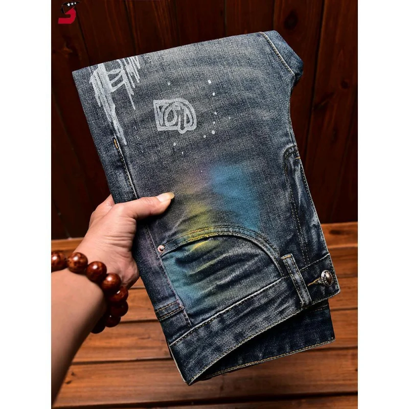 High End Trendy Jeans Men'S Splashed Ink Print High Street Hooligan Handsome Slim Fit Small Foot Elastic Casual Pants