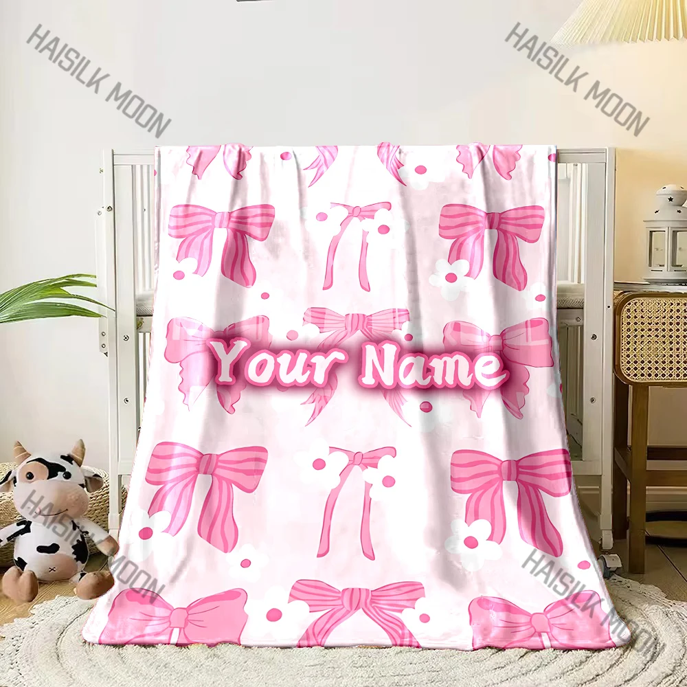 

Персонализированное имя, милое милое одеяло с розовым бантом и принтом, тонкое качество изготовления, одеяло для сна для домашнего офиса на четыре сезона