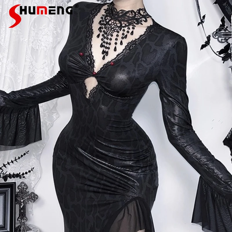 

Japanese Style Halloween Gothic Dark Snake Pattern Dress Subculture Sexy Lace Slit Long Dresses Slim Fit High-waisted Vestidos